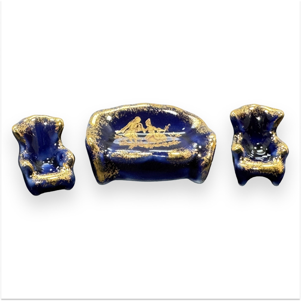 Limoges France Miniature Porcelain Furniture Set - Cobalt Blue Gold Sofa Chairs